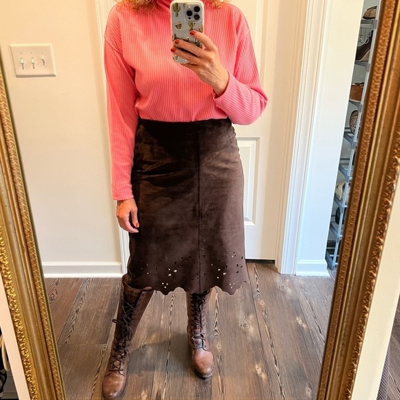 Brown Genuine Suede Leather Knee Length Lined Cutouts Skirt laser Size Medium - Picture 8 of 10